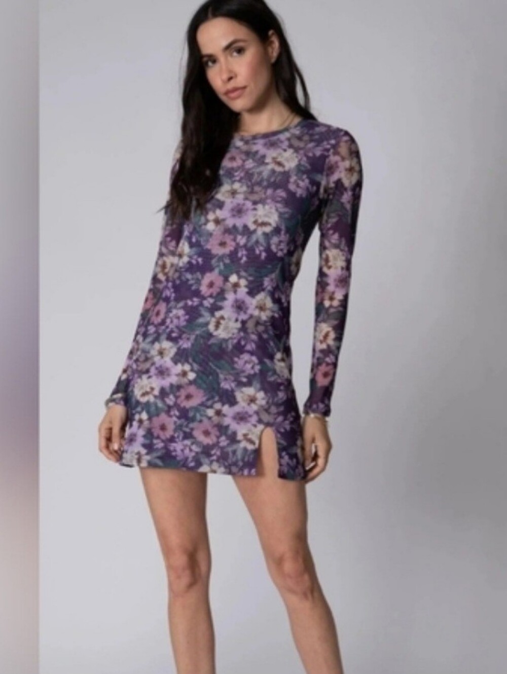 STILLWATER Long Sleeve Whimsigoth Mesh Mini Dress Women's S Floral Slit Stretch